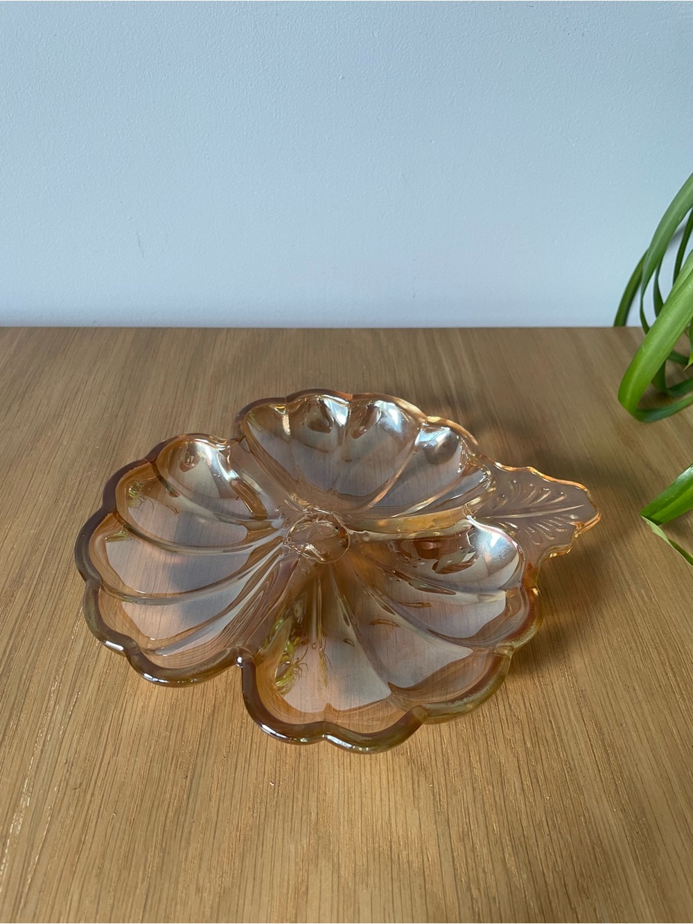 Vintage Jeannette Glass Marigold Iridescent Candy Dish Clover Pansy